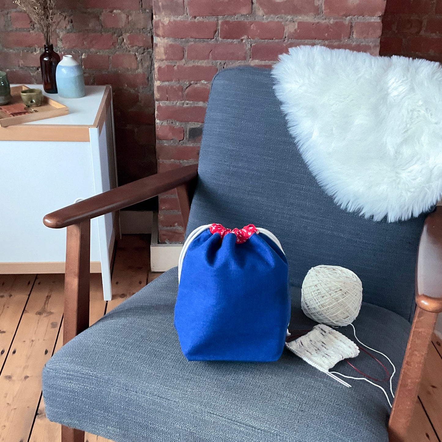 Project bag - blauw en rode bloemen - small