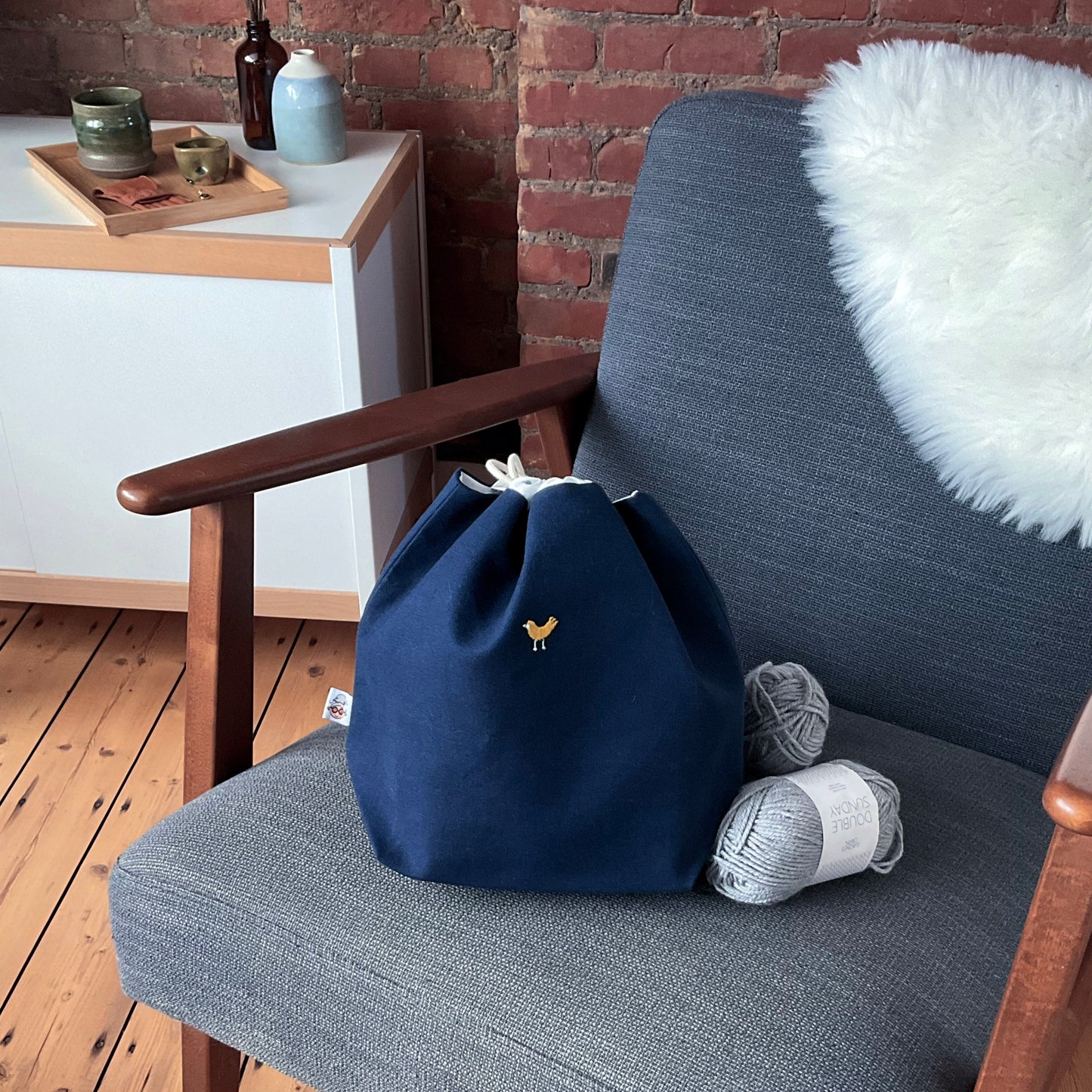 Geborduurde project bag - gele vogel - medium