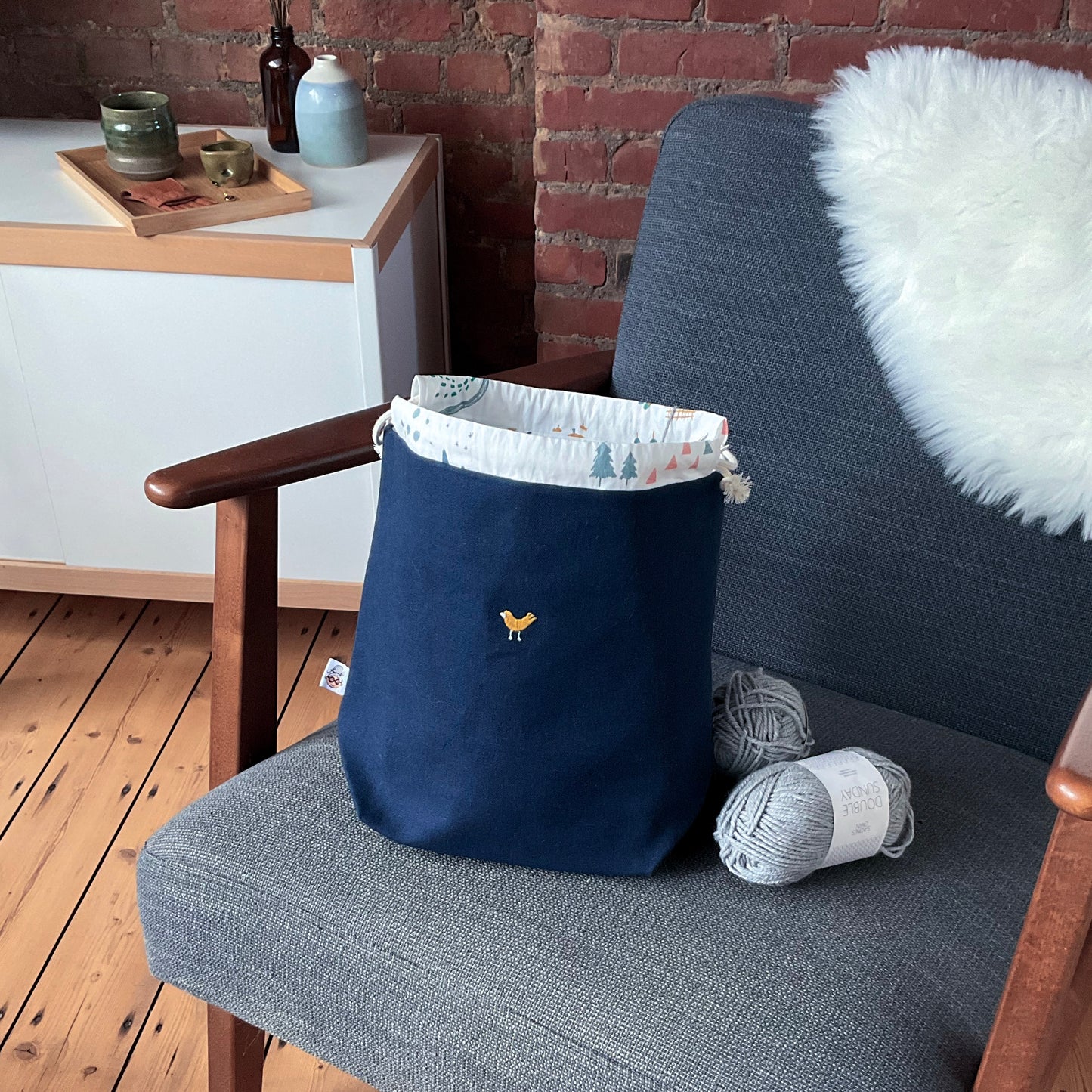 Geborduurde project bag - gele vogel - medium