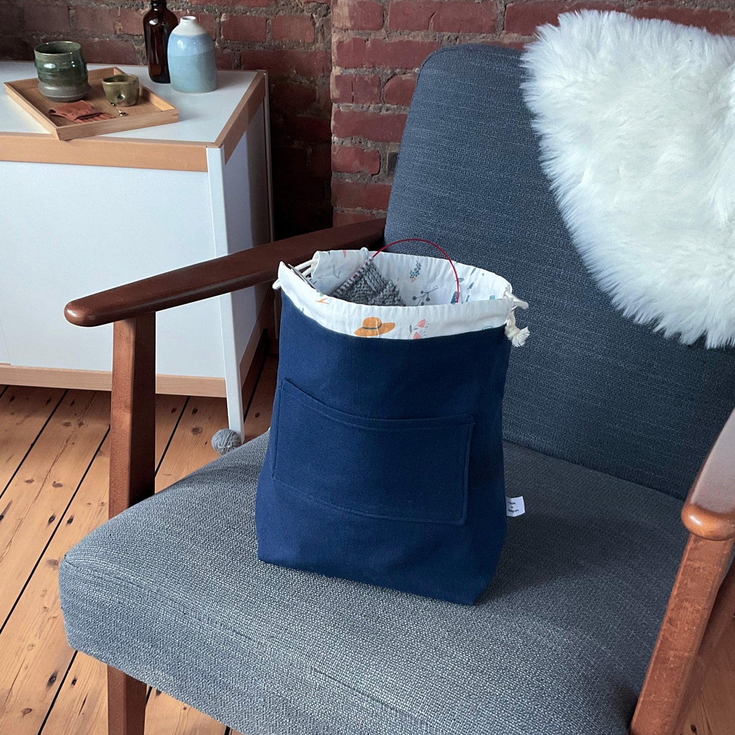 Geborduurde project bag - gele vogel - medium