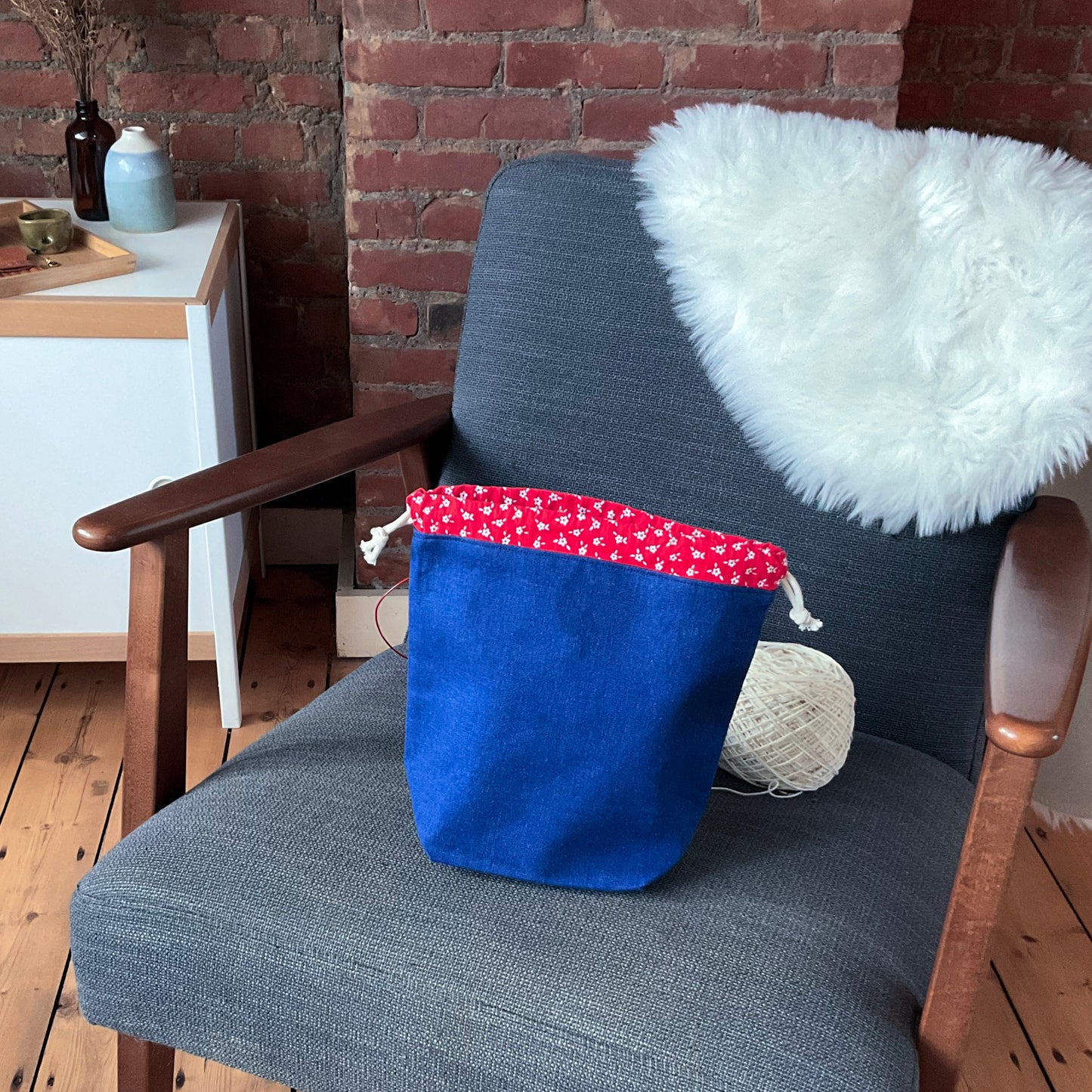 Project bag - blauw en rode bloemen - small