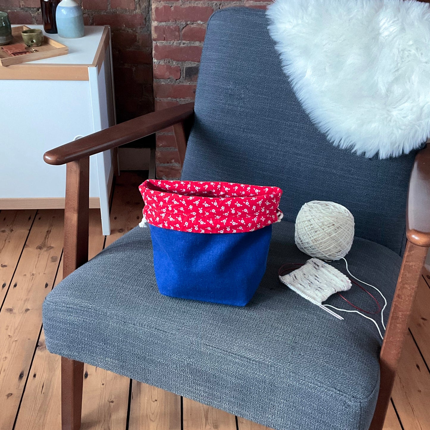 Project bag - blauw en rode bloemen - small